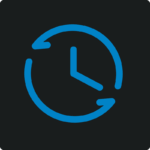 Blaues Uhr-Icon mit kreisförmigem Pfeil auf dunklem Hintergrund.
