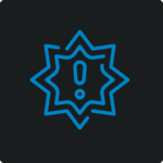 Blaues Warnsymbol mit Ausrufezeichen auf dunklem Hintergrund.